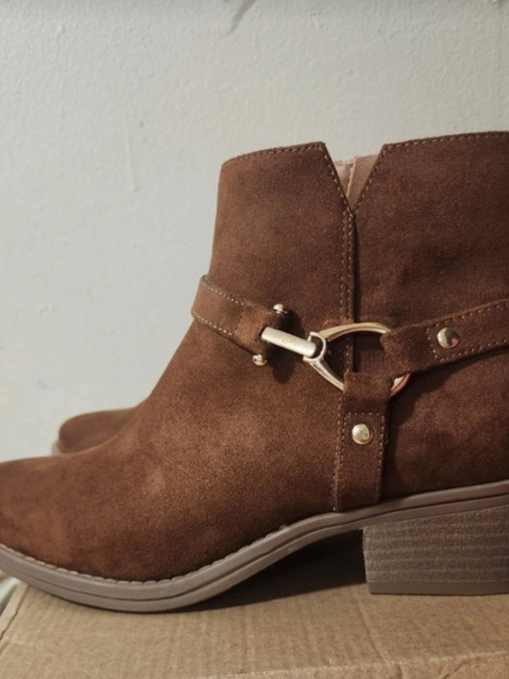 White Mountain Brown Suede Ankle Booties with Gold Accent